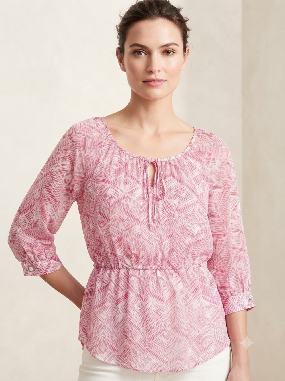 Banana Republic Pink Printed Scoop-Neck Peasant Blouse